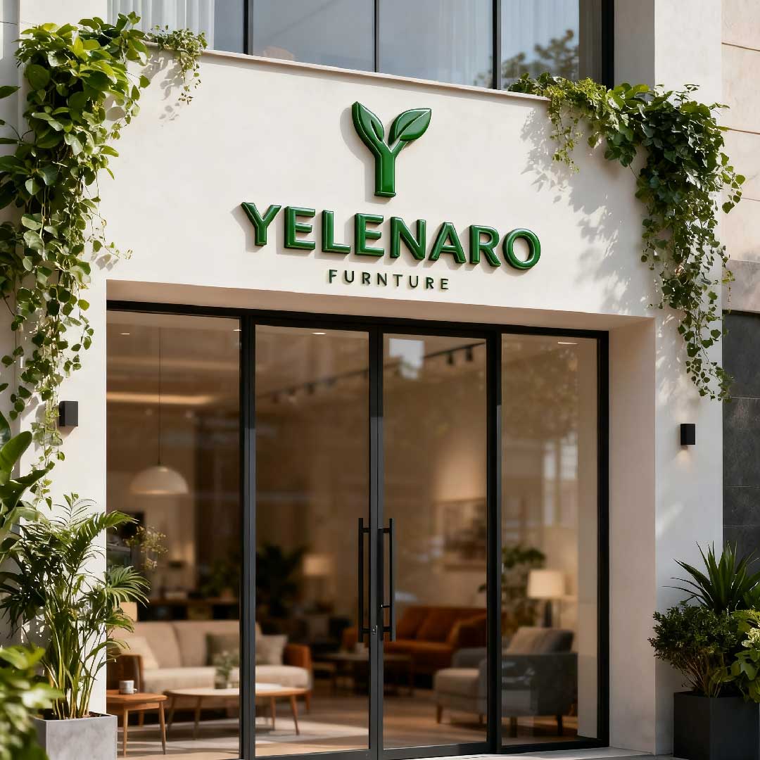 YELENARO Möbelgeschäft mit moderner Schaufensterfront, hochwertige Möbel für stilvolles Wohnen