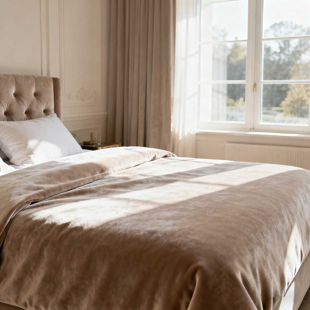 Gepolstertes Bett mit Stoffbezug im hellen Schlafzimmer – richtige Pflege von Polsterbett, Samt und Kunstleder