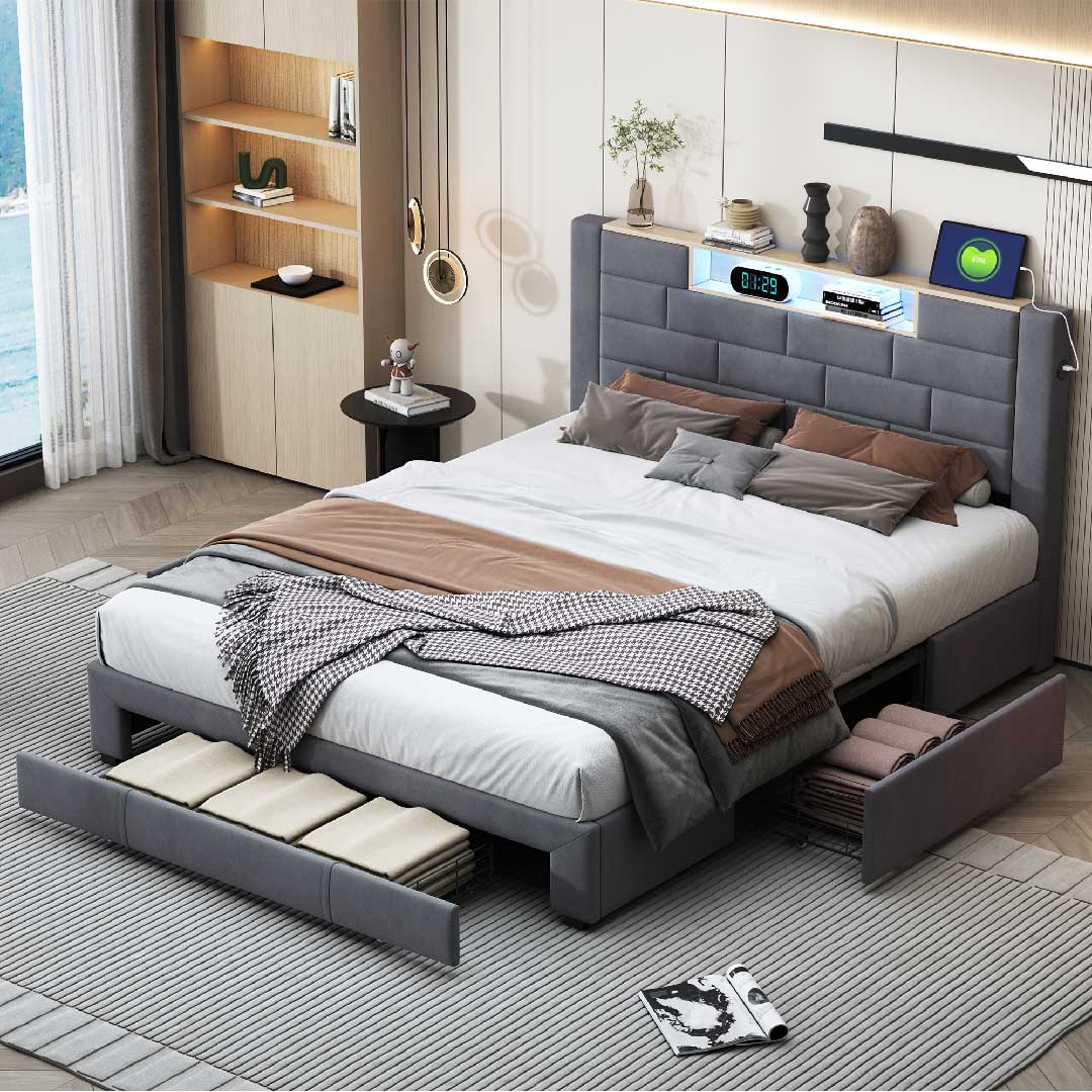 Materialkombination bei Bettgestellen – Stoff, Metall und Holz im modernen Schlafzimmer