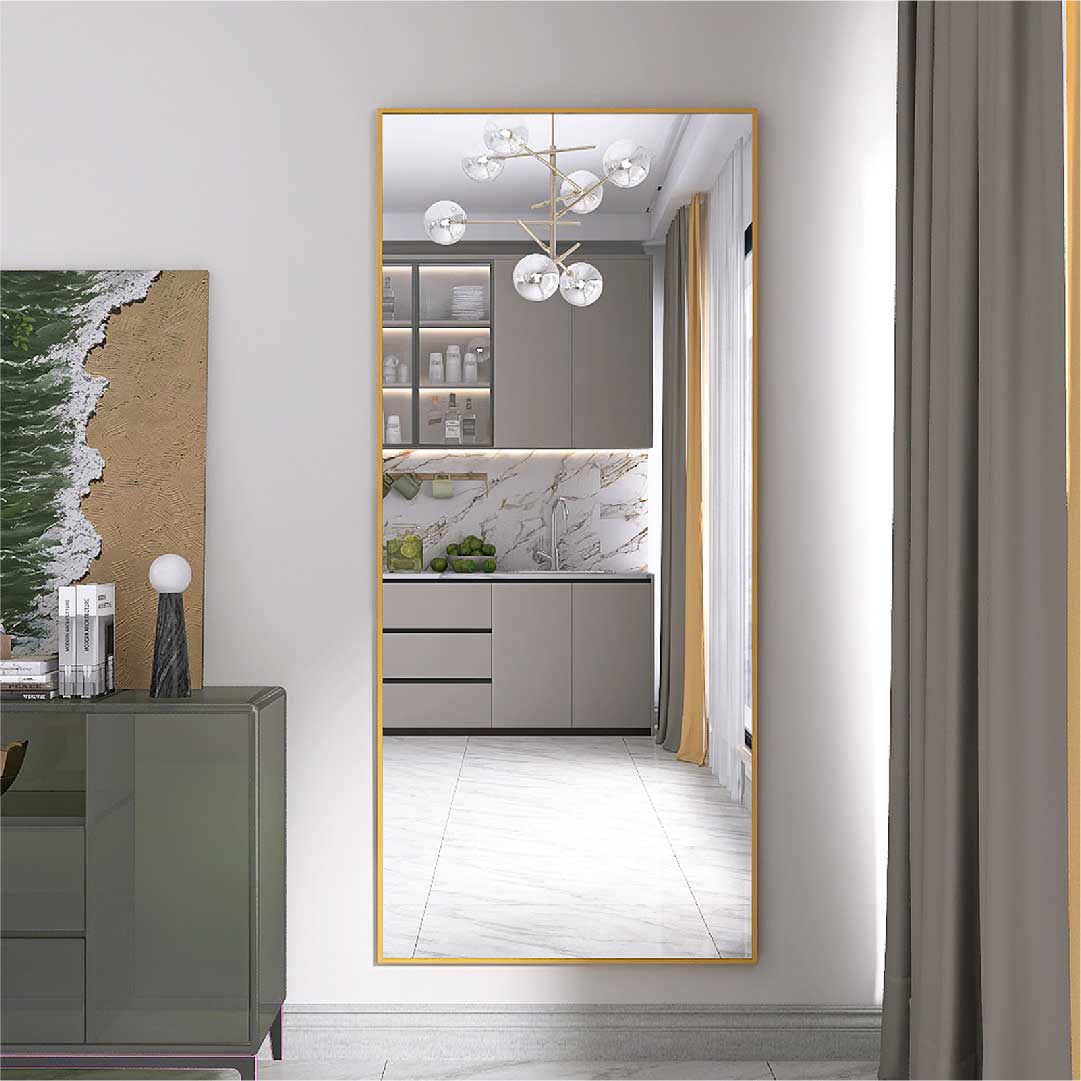 Standspiegel 180×80 cm mit goldfarbenem Aluminiumrahmen, eleganter Wandspiegel für moderne Wohnräume