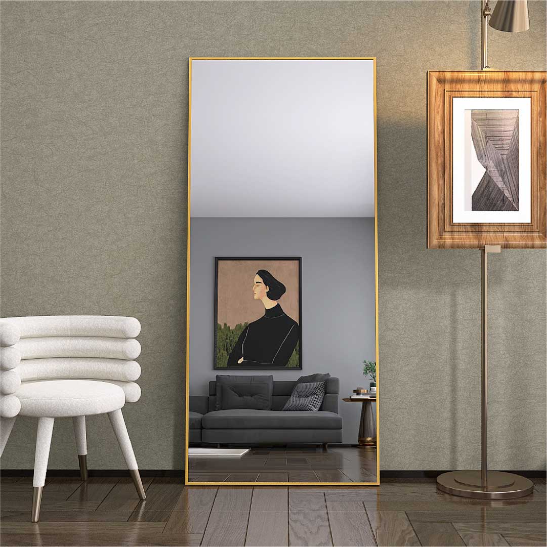 Großer Bodenspiegel 180×80 cm mit Aluminiumrahmen in Gold, dekorativer Ganzkörperspiegel für Wohnzimmer
