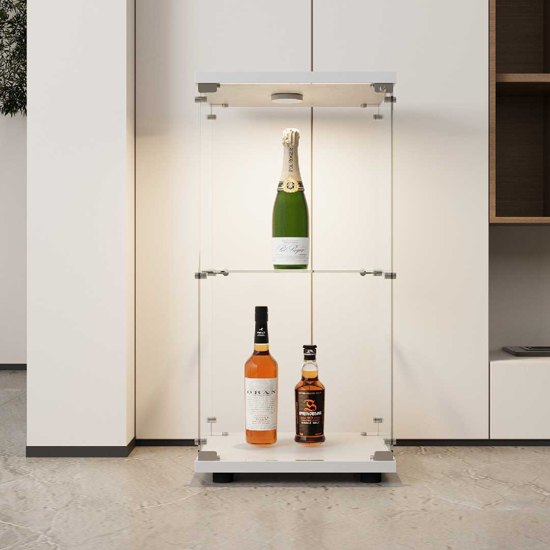 LED Glasvitrine mit Schloss – 2-stöckiger Glasschrank, Sammlervitrine aus Holz & Glas