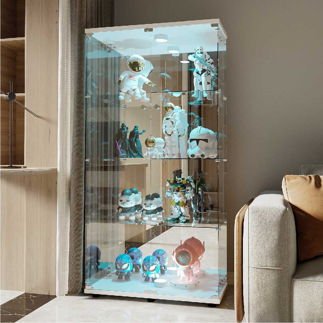 Yelenaro glasvitrin 163 cm – golvvitrin med lås, LED som tillval