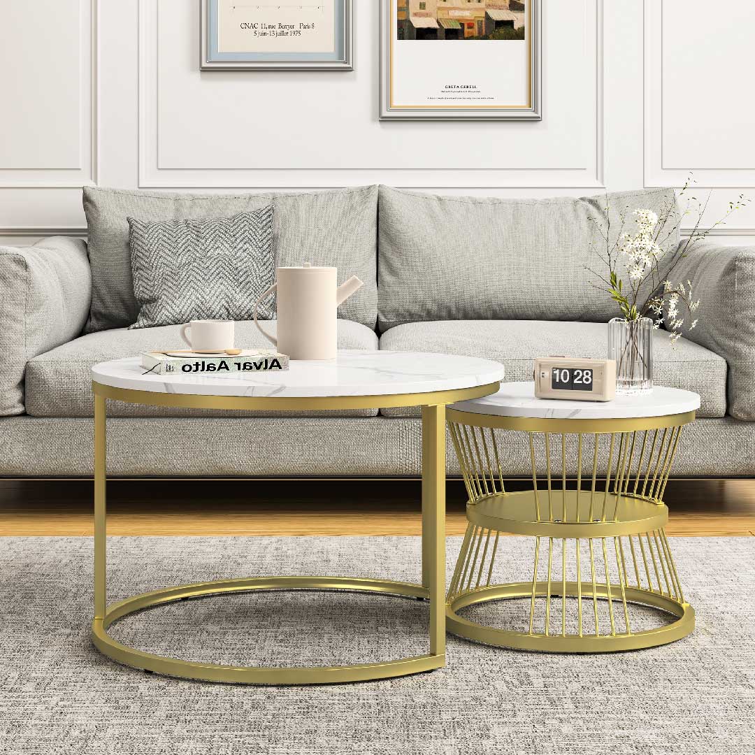 Yelenaro Couchtisch Rund Weiss Marmor Optik – 2er Set Gold Wohnzimmertisch