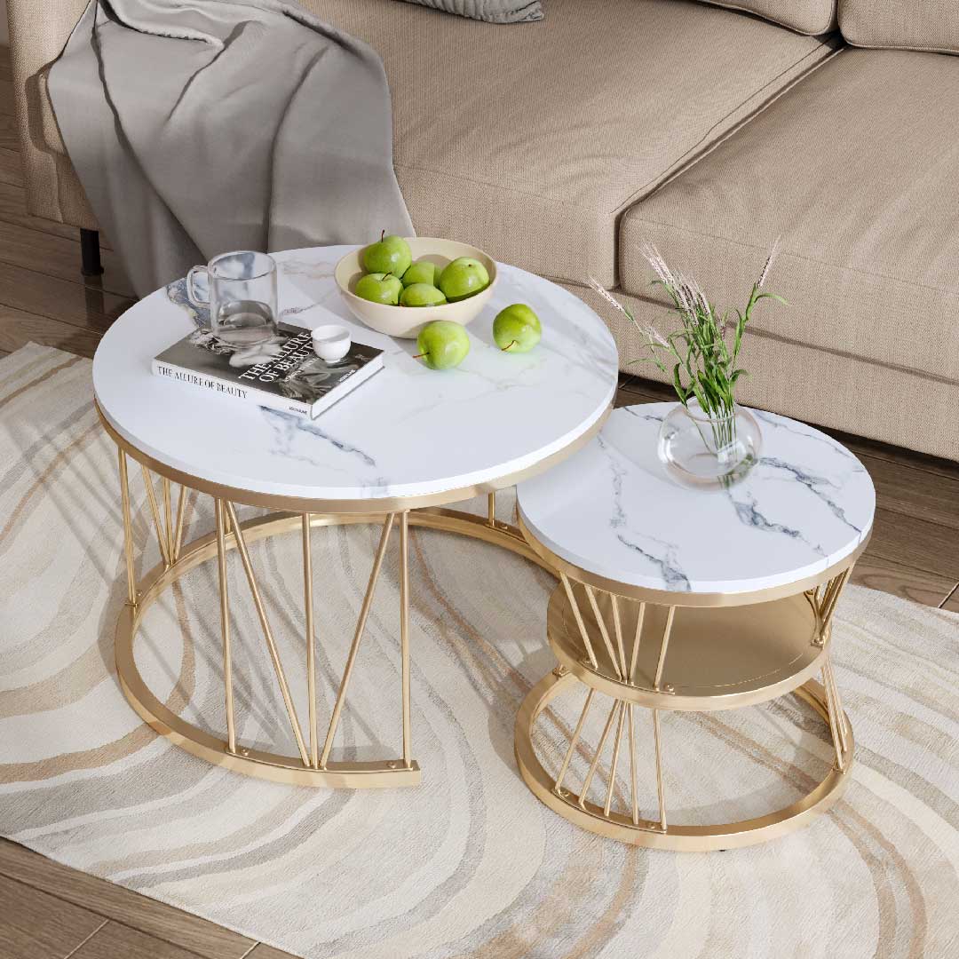 Yelenaro Couchtisch Rund 2er Set Gold – Wohnzimmertisch Marmor Weiß