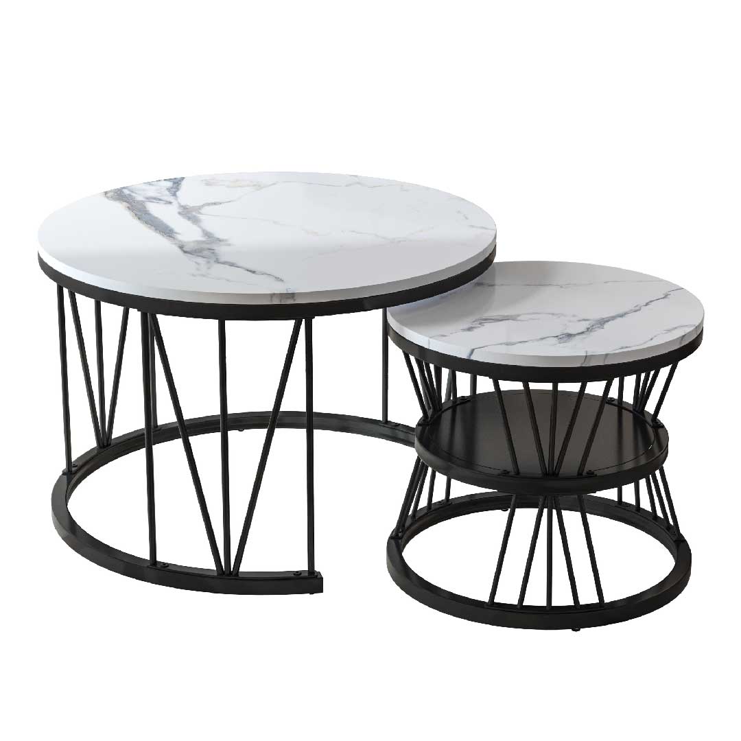 Yelenaro Couchtisch Rund 2er Set Gold – Wohnzimmertisch Marmor Weiß