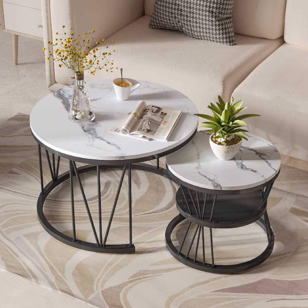 Yelenaro Couchtisch Rund 2er Set Gold – Wohnzimmertisch Marmor Weiß