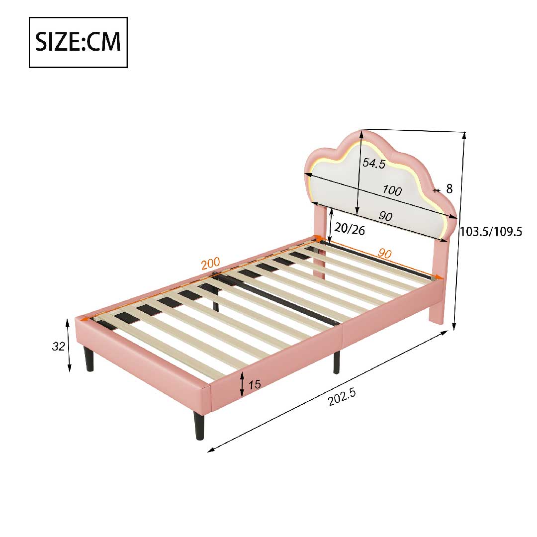 Abmessungen des Yelenaro Wolkenbetts 90x200 cm – LED-Kinderbett mit gepolstertem Kopfteil, Holzrahmen und sicherem Design.
