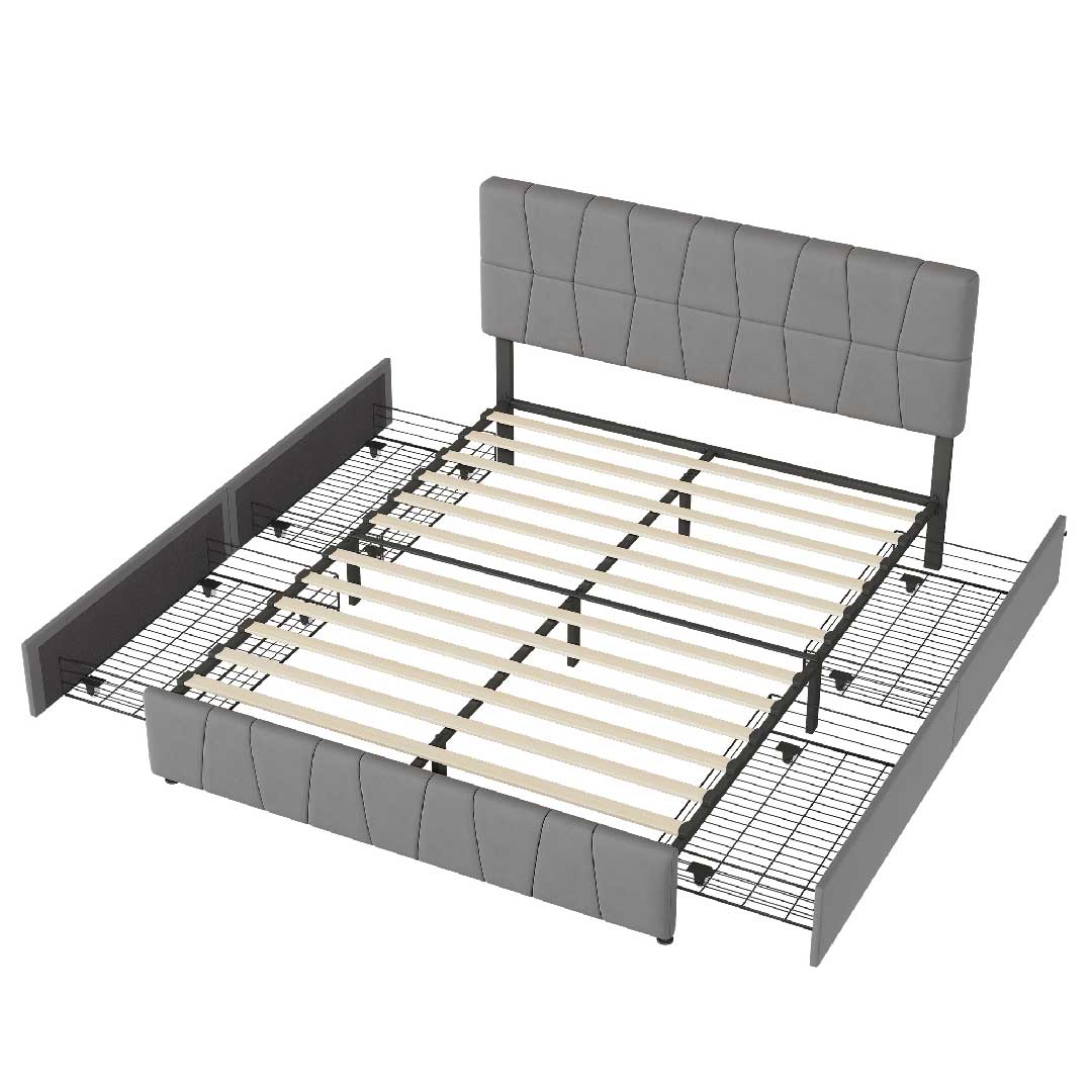 Yelenaro Polsterbett 160×200 cm mit 4 Schubladen – Samt Doppelbett mit höhenverstellbarem Kopfteil, Lattenrost & Stauraum, Grau