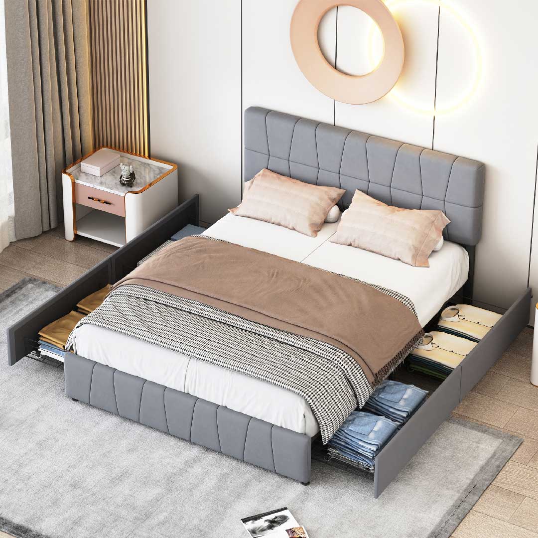 Yelenaro Polsterbett 160×200 cm mit 4 Schubladen – Samt Doppelbett mit höhenverstellbarem Kopfteil, Lattenrost & Stauraum, Grau