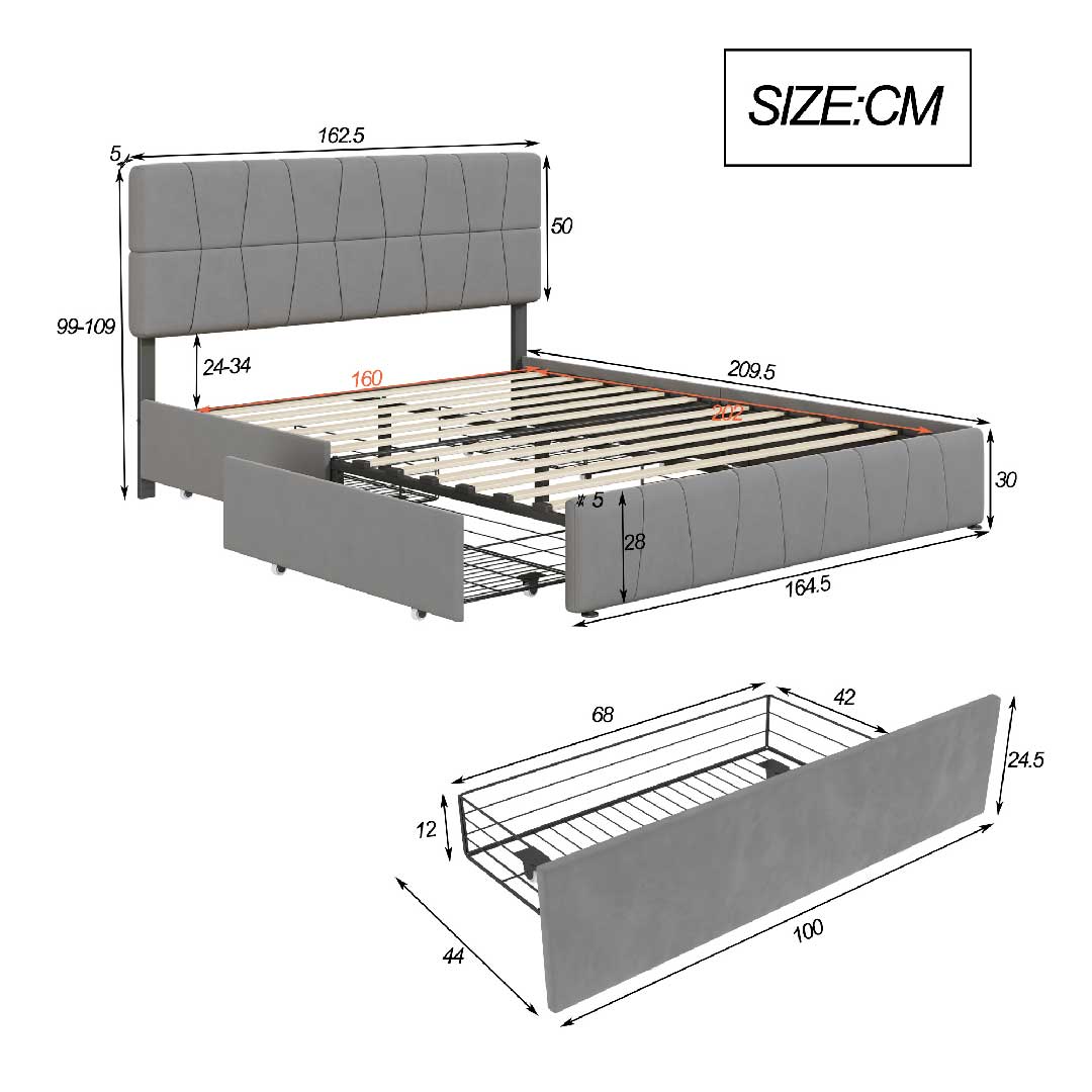 Yelenaro Polsterbett 160×200 cm mit 4 Schubladen – Samt Doppelbett mit höhenverstellbarem Kopfteil, Lattenrost & Stauraum, Grau