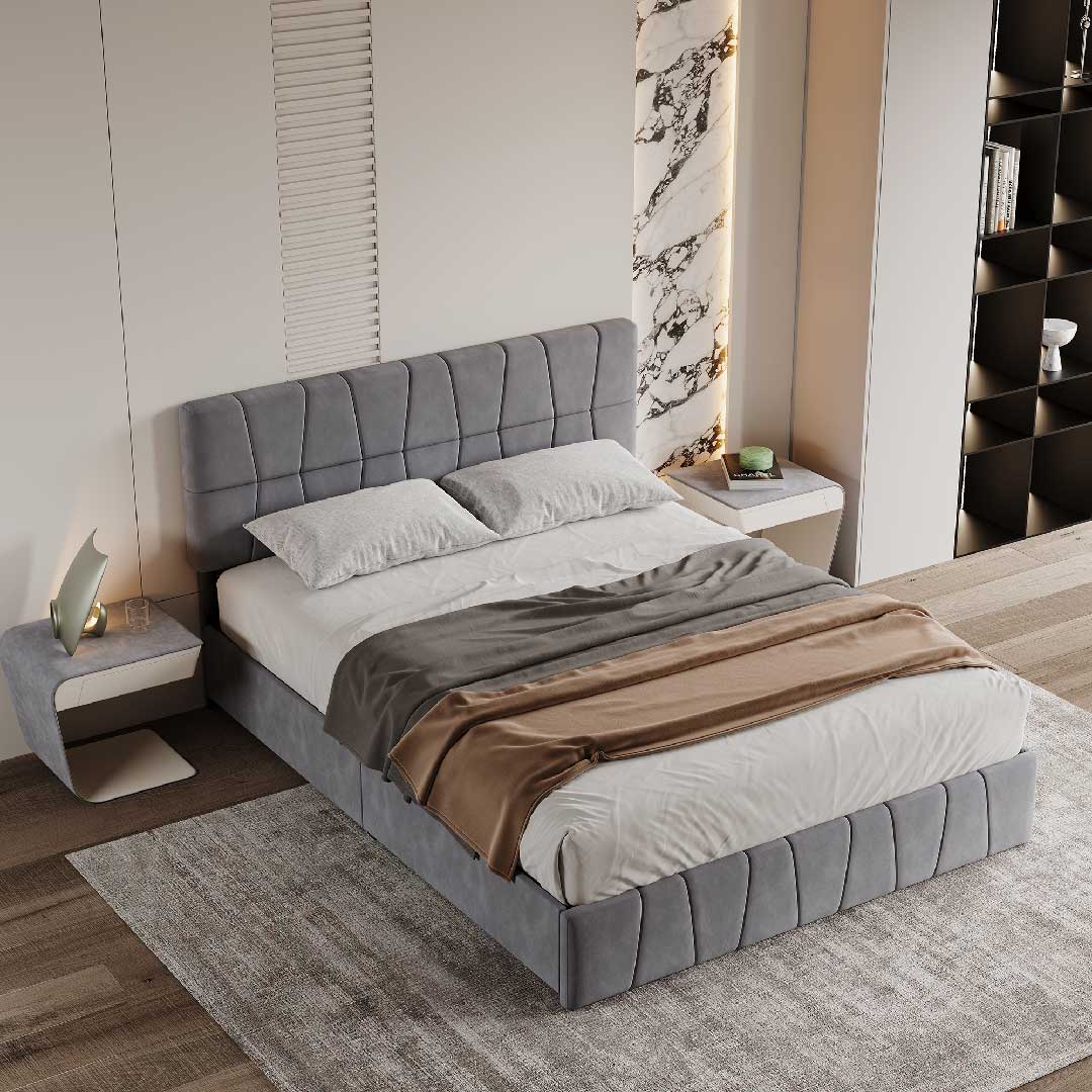 Yelenaro Polsterbett 160×200 cm mit 4 Schubladen – Samt Doppelbett mit höhenverstellbarem Kopfteil, Lattenrost & Stauraum, Grau
