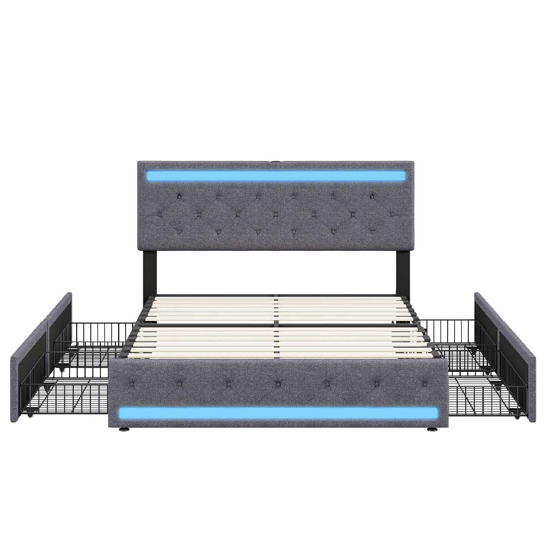 YELENARO LED-Polsterbett mit 4 Schubladen und USB-Anschluss, graues Leinenbett mit Lattenrost und LED-Beleuchtung, Stauraumbett 140–180×200 cm
