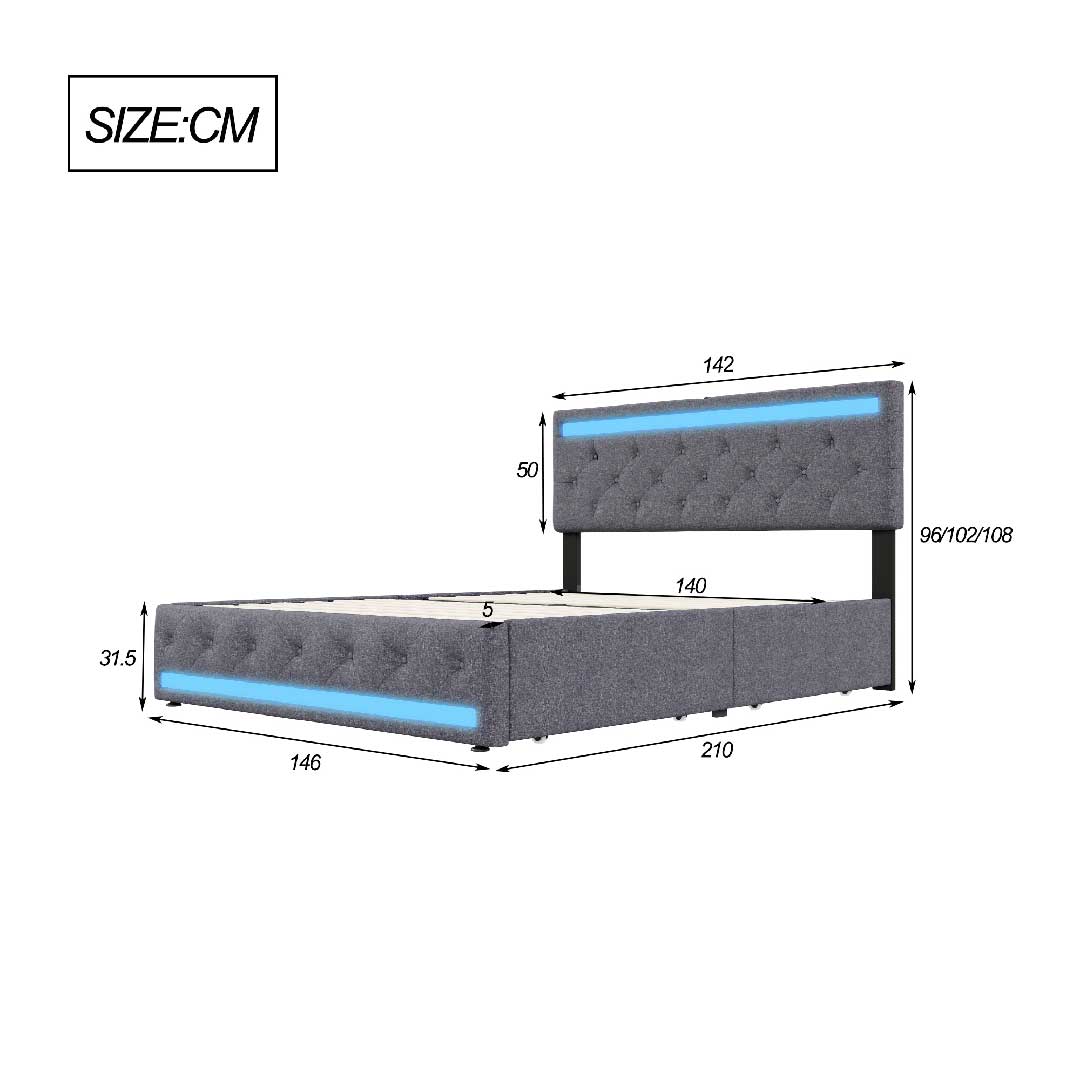 Maßzeichnung LED-Polsterbett 140×200 cm mit Kopfteilhöhe, Bettlänge und Schubladenmaßen, YELENARO Stauraumbett