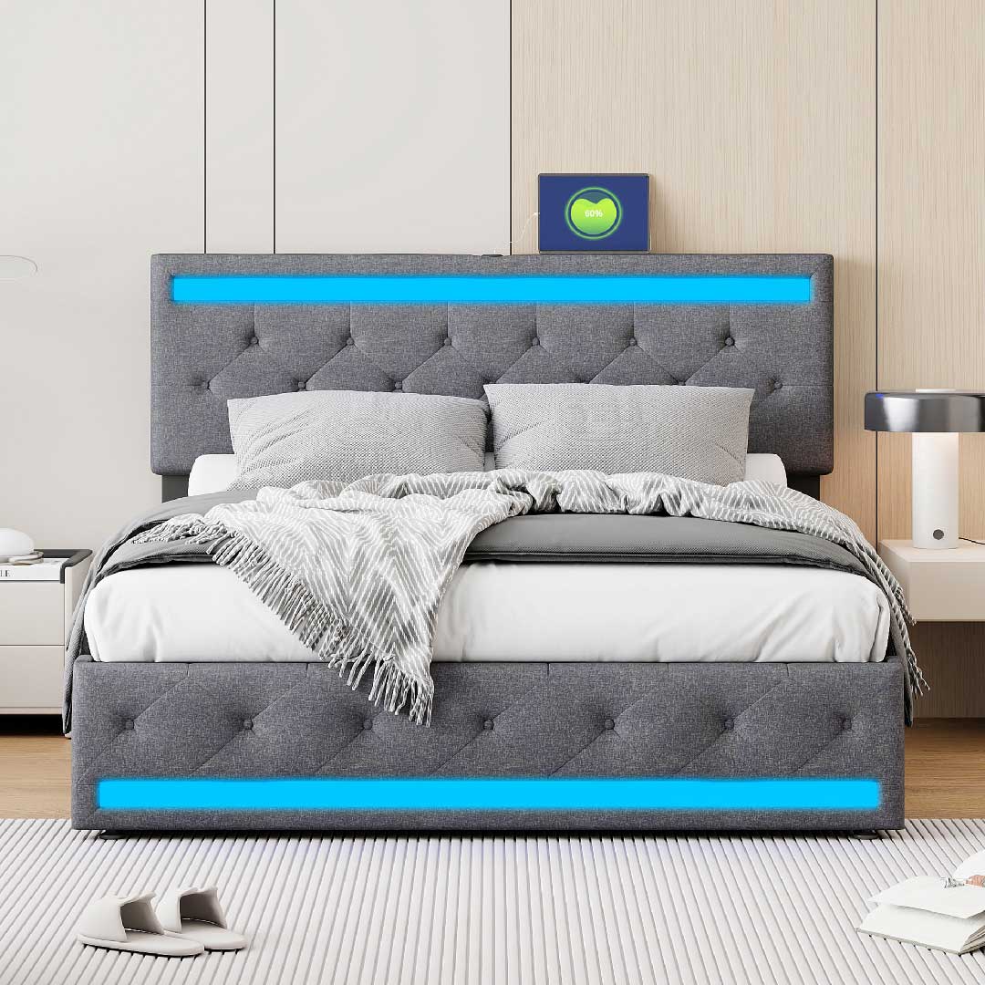 Modernes YELENARO LED-Polsterbett im Schlafzimmer, graues Leinenbett mit gepolstertem Kopfteil, LED-Licht und 4 Stauraumschubladen