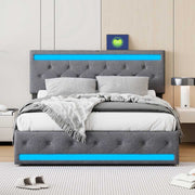 Modernes YELENARO LED-Polsterbett im Schlafzimmer, graues Leinenbett mit gepolstertem Kopfteil, LED-Licht und 4 Stauraumschubladen