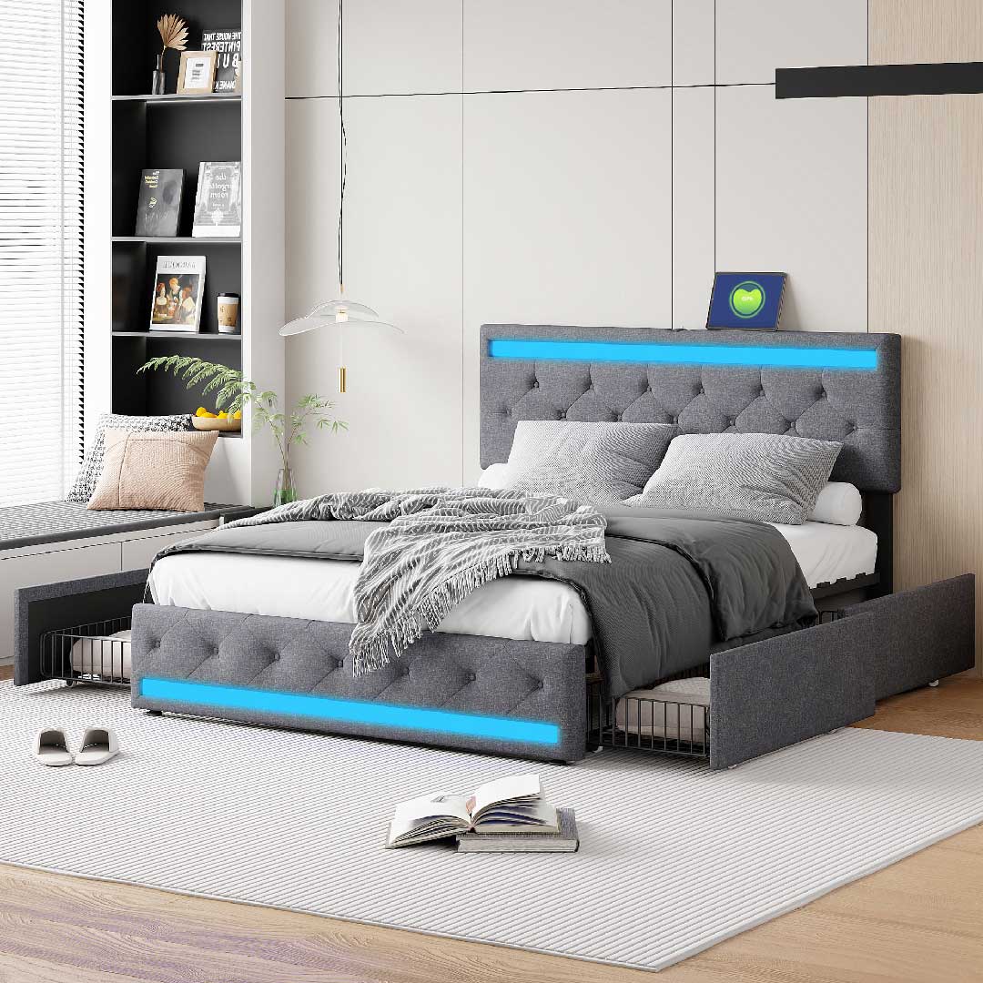LED-Polsterbett mit ausziehbaren Schubladen, graues Leinenbett von YELENARO mit viel Stauraum unter dem Bett, ideal für Familienwohnungen