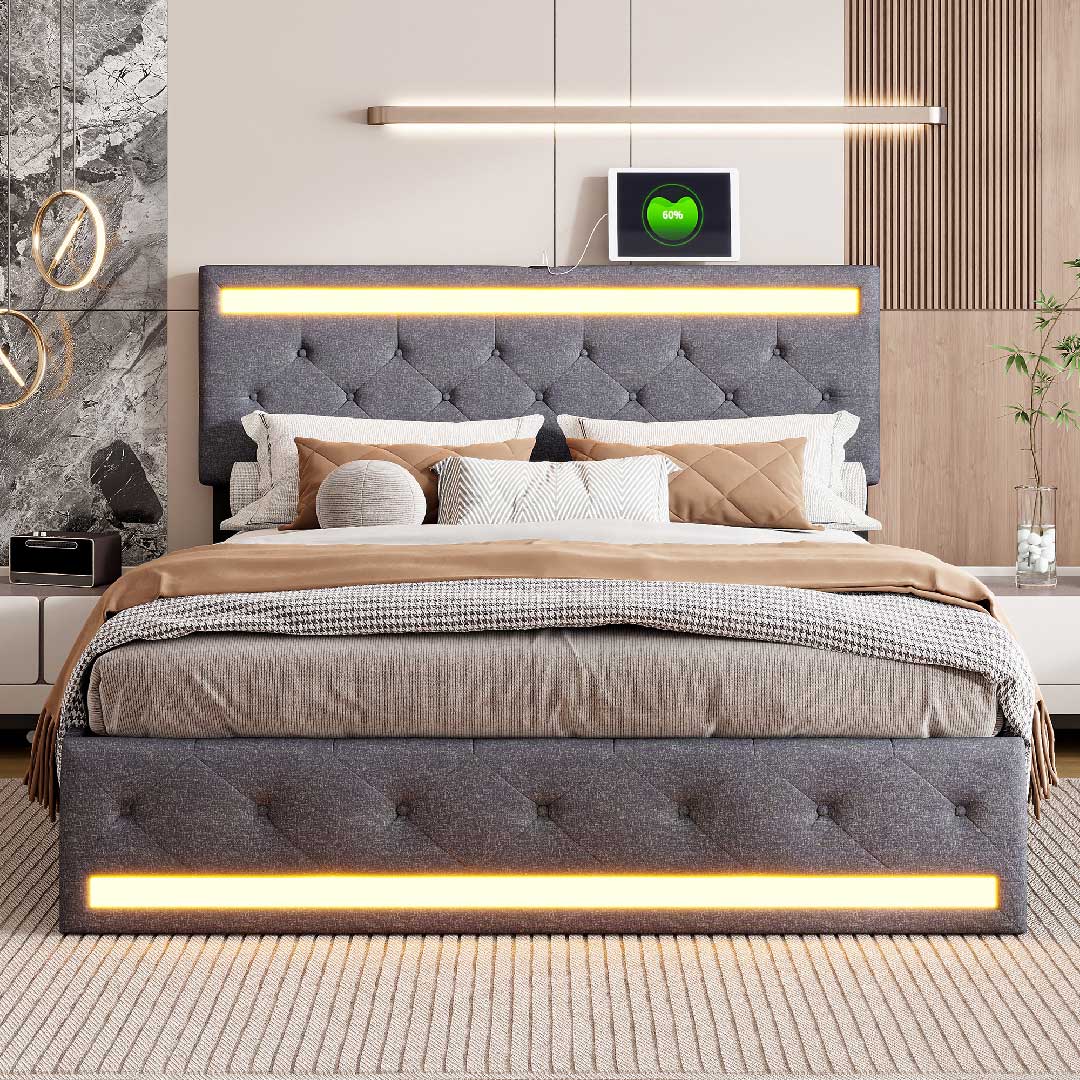 LED-Polsterbett mit warmem Licht, graues Leinenbett von YELENARO mit beleuchtetem Kopfteil und Bettumrandung