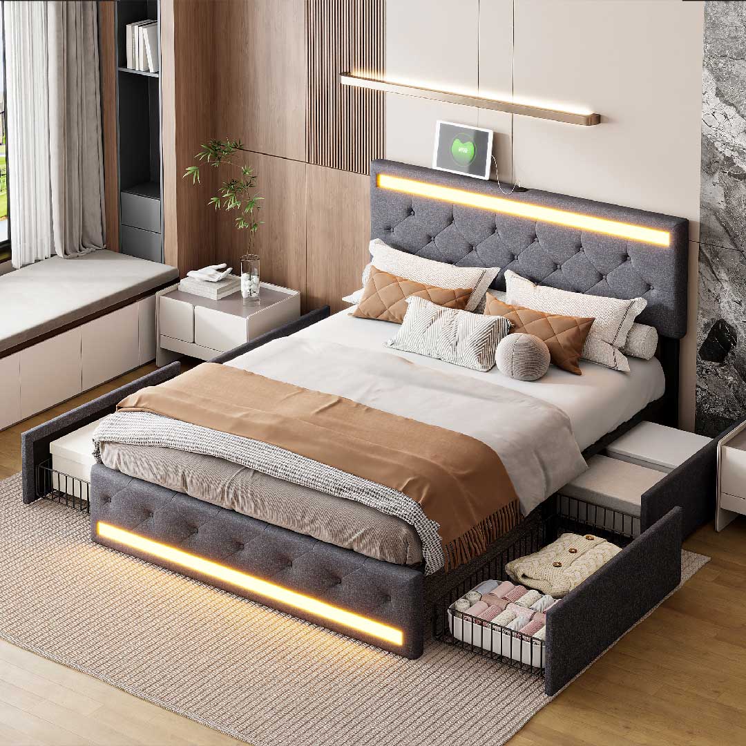YELENARO Stauraumbett mit LED-Beleuchtung und USB-Anschluss, modernes Polsterbett mit Leinenbezug und gepolstertem Kopfteil