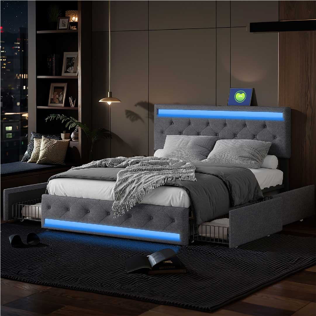 YELENARO LED-Polsterbett bei Nacht, graues Leinenbett mit blauer LED-Beleuchtung und ruhiger Schlafatmosphäre