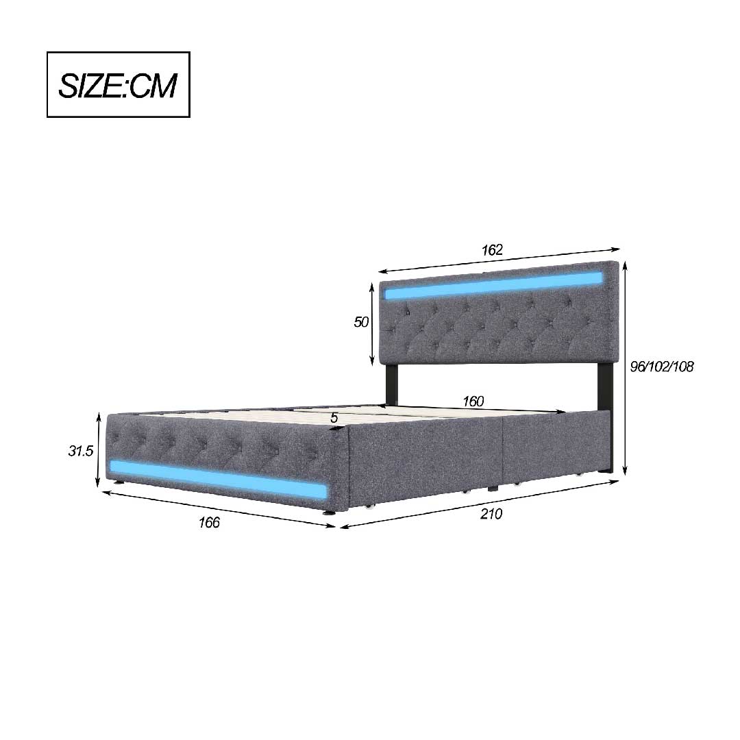 Maßzeichnung LED-Polsterbett 160×200 cm mit 4 Schubladen und gepolstertem Kopfteil, YELENARO Leinenbett