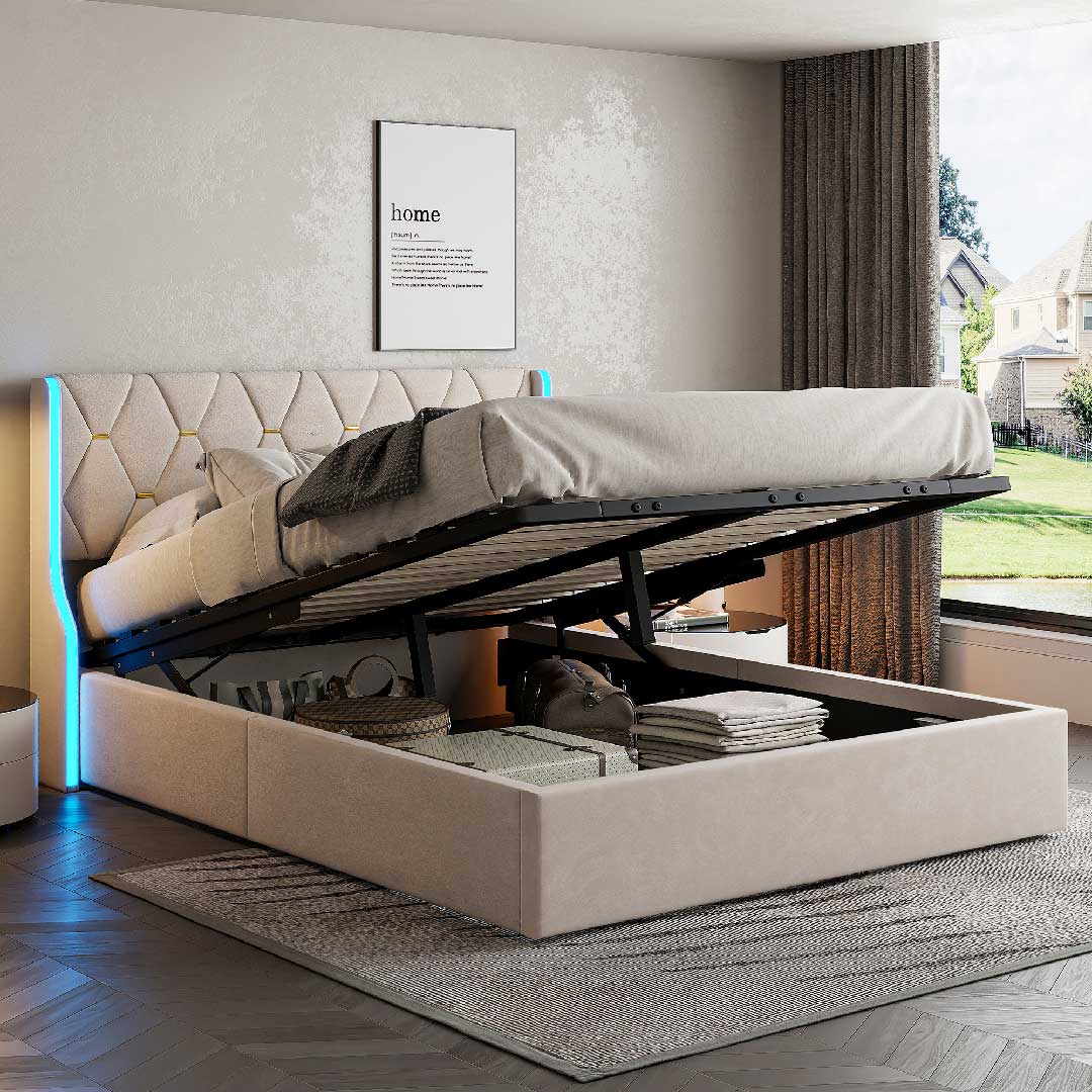 Polsterbett mit hydraulischem Stauraum, Yelenaro Bett mit hochklappbarem Lattenrost und großem Bettkasten