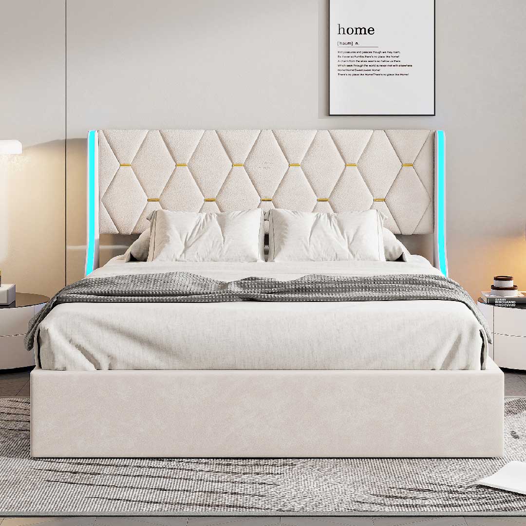 Yelenaro Polsterbett mit LED-Kopfteil in Beige, modernes Designbett mit gepolstertem Kopfteil