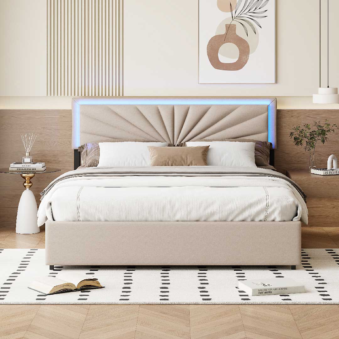 Stoff-Polsterbett mit LED-Kopfteil und vier Schubladen im modernen Schlafzimmer – YELENARO Bett in 160×200 cm