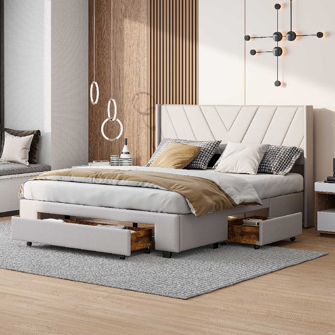 Polsterbett mit offenen Schubladen zur Aufbewahrung von Bettwäsche, Decken und Kissen im Schlafzimmer