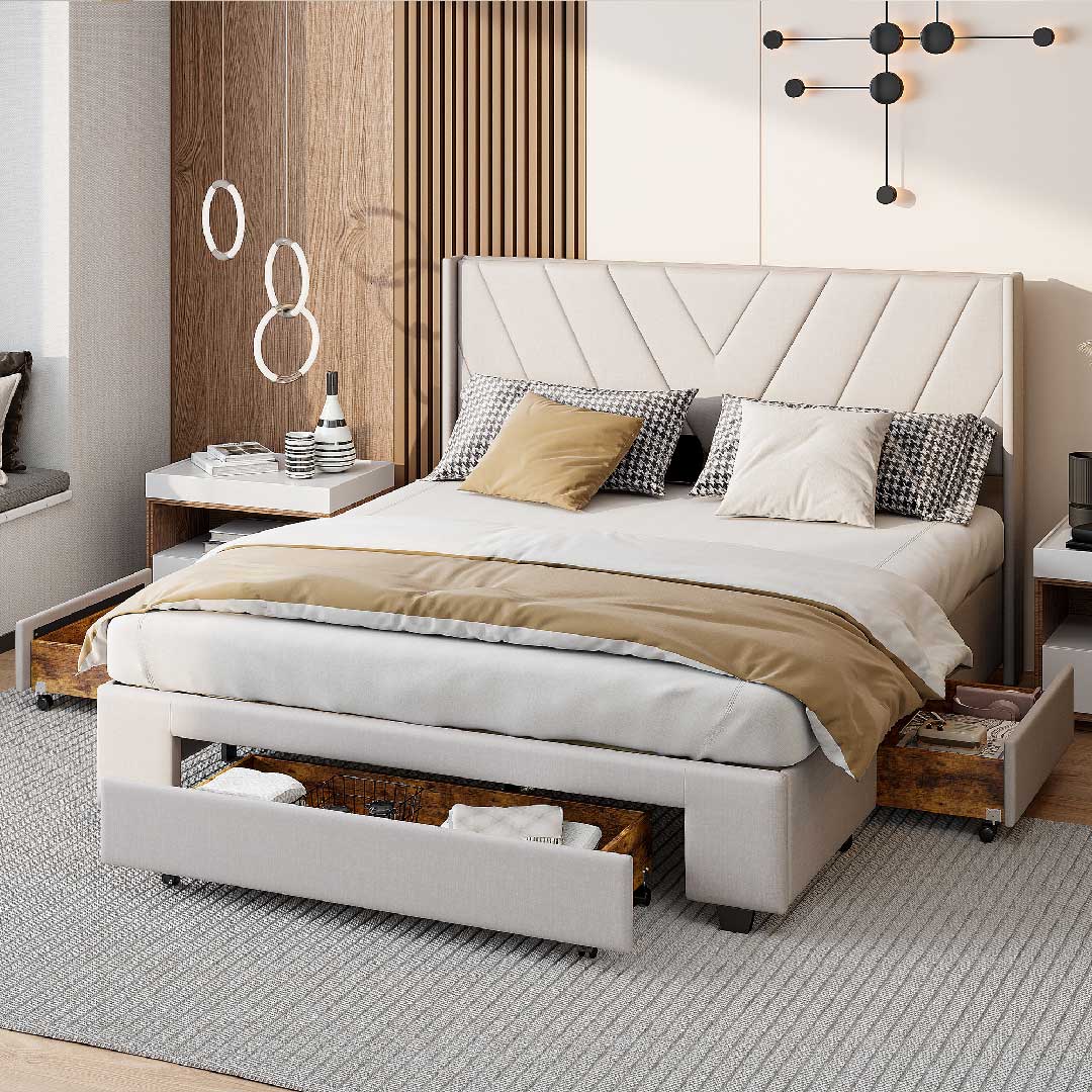 Beiges Leinen-Polsterbett mit Schubladen in ruhigem Schlafzimmer, zeitloses Design für moderne Wohnräume