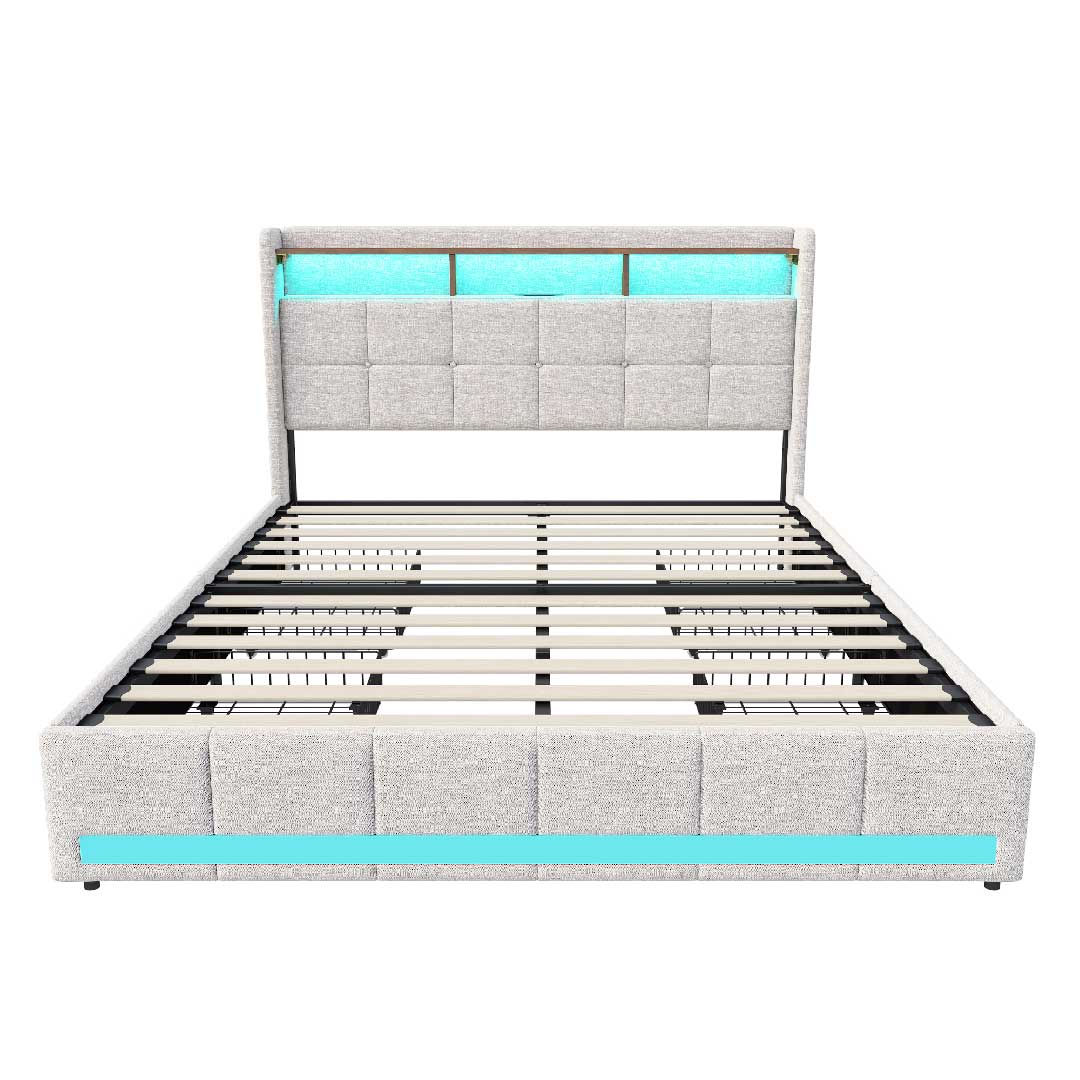 Elegantes Yelenaro Leinenbett in Beige mit LED-Beleuchtung, USB-Port und 4 Schubladen – modernes Bettgestell für Komfort und Funktionalität.
