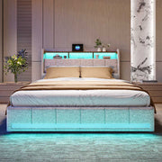 Modernes Schlafzimmer mit beigem Yelenaro Leinenbett – LED-Beleuchtung am Kopfteil, USB-Anschlüsse und 4 Schubladen für optimale Organisation.
