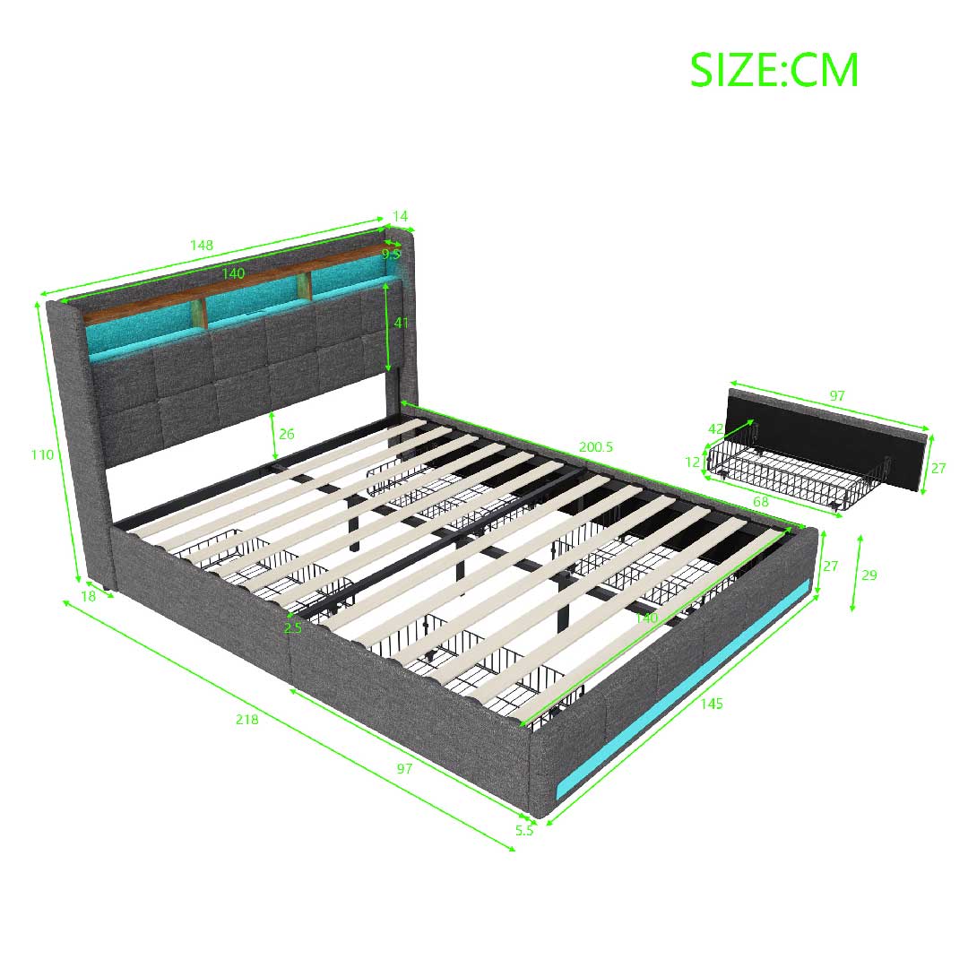 Abmessungen des Yelenaro Leinenbetts 140x200 cm – Funktionsbett mit LED-Licht, USB-Ports und 4 Rollschubladen für maximalen Stauraum.