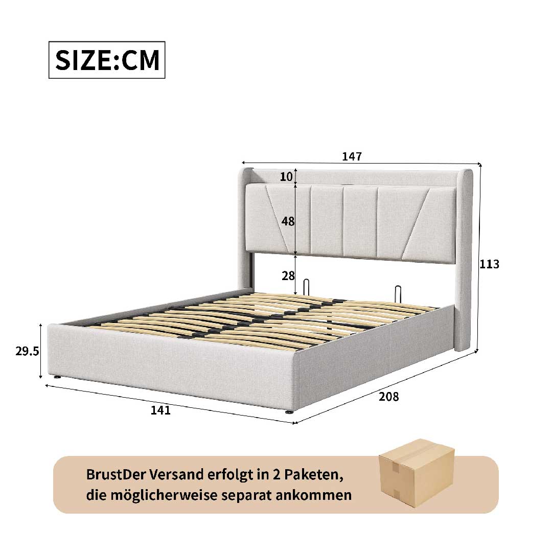 Yelenaro Polsterbett 140x200 cm mit Leinenbezug – Abmessungen und stabile Konstruktion