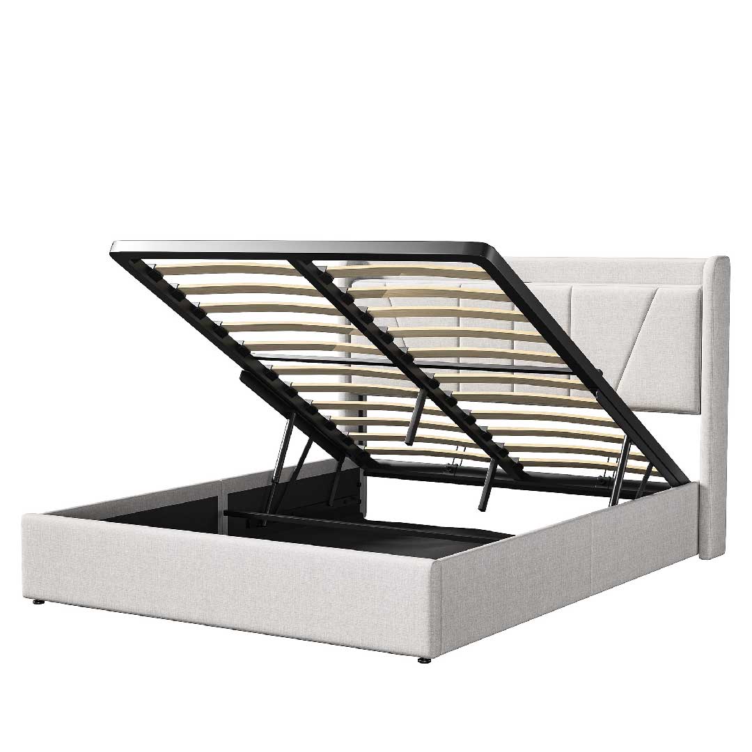Yelenaro Bett mit hydraulischem Stauraum – Leinenbett in Beige mit Gasdruckfeder-System und integriertem USB-Anschluss für mehr Komfort.