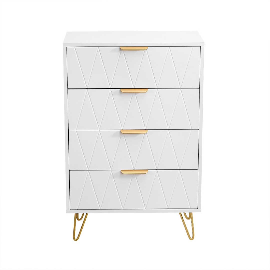 Weiße Yelenaro Kommode mit 4 Schubladen, 3D-Diamantprägung und goldfarbenen Griffen, modernes Design für Schlafzimmer oder Wohnzimmer
