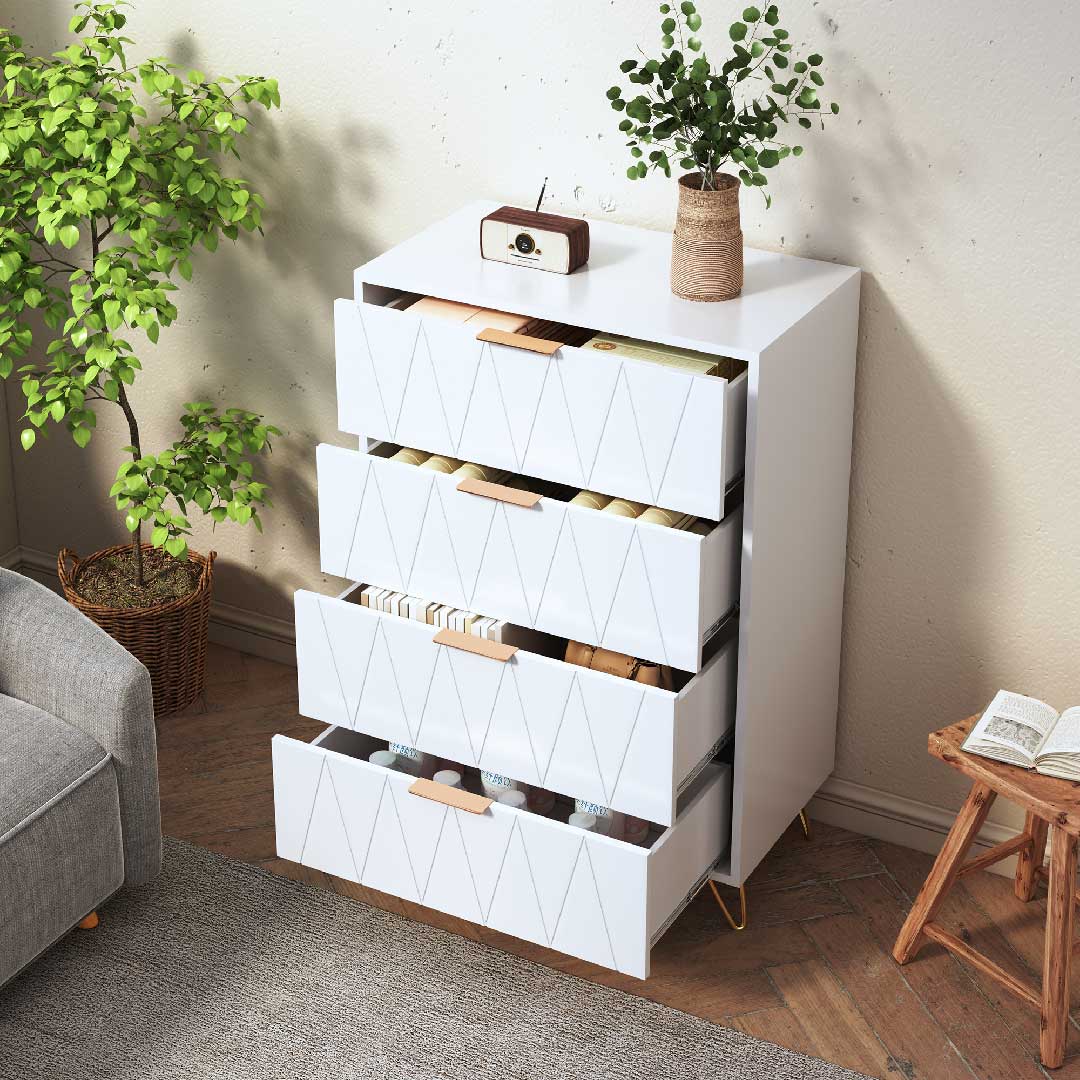 Yelenaro Kommode mit 4 Schubladen, geöffnet dargestellt zur Aufbewahrung von Kleidung, Kosmetik und Alltagsgegenständen