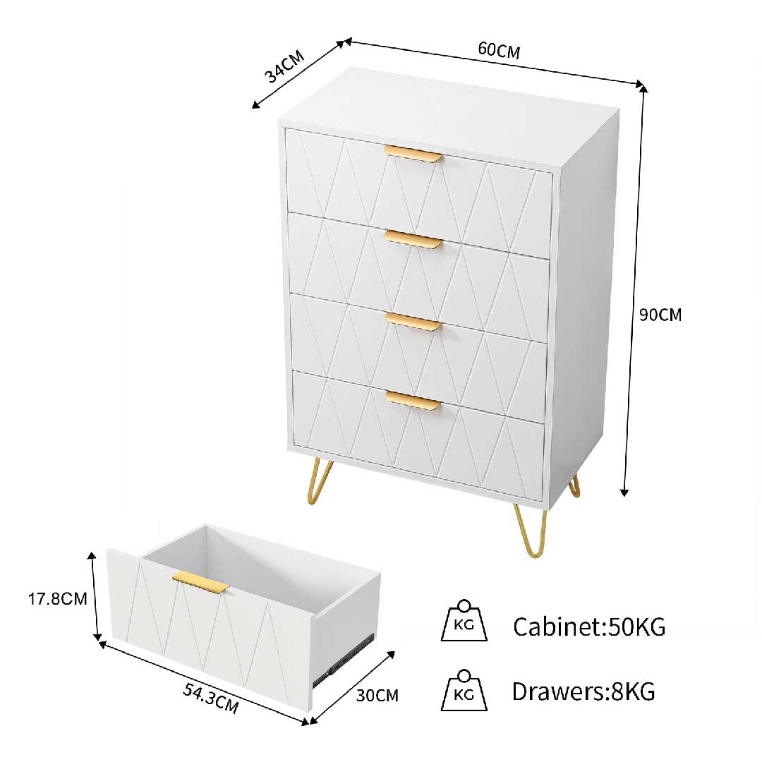 Maßangaben der Yelenaro Kommode Weiß mit 4 Schubladen, 60 × 34 × 90 cm, stabile Konstruktion mit hoher Belastbarkeit
