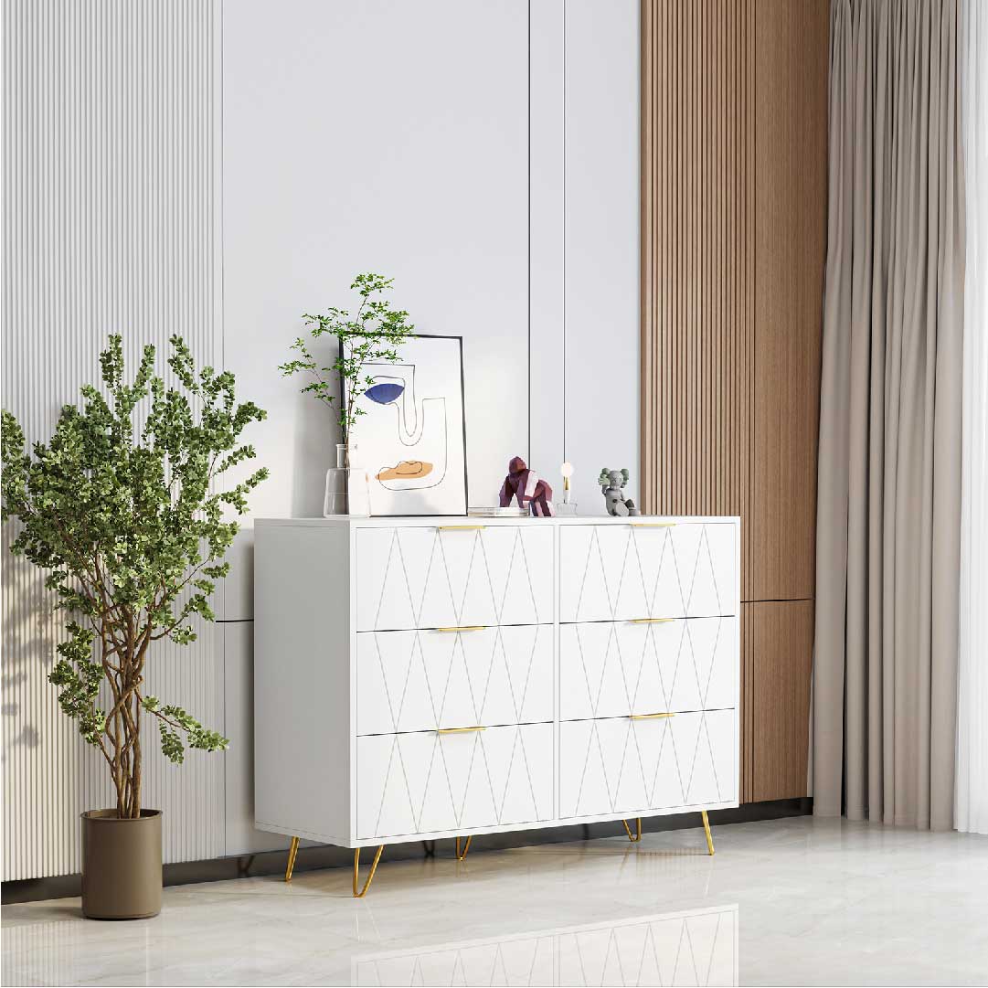 Große Yelenaro Kommode mit 6 Schubladen in Weiß, moderner Stauraum für Wohnzimmer oder Essbereich mit elegantem Design