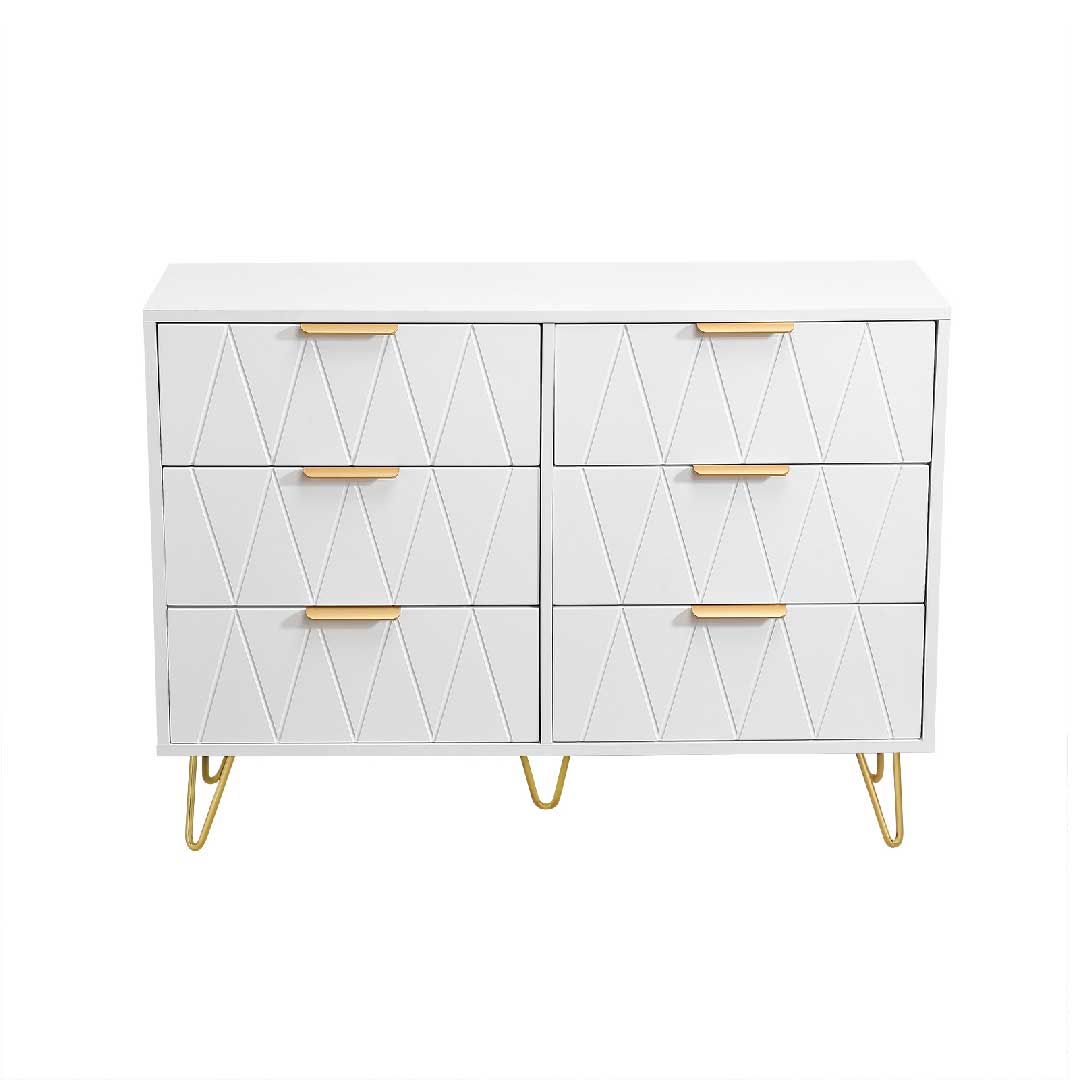 Weiße Yelenaro Kommode mit 6 Schubladen, eleganter 3D-Diamantfront und goldfarbenen Griffen, moderner Stauraumschrank