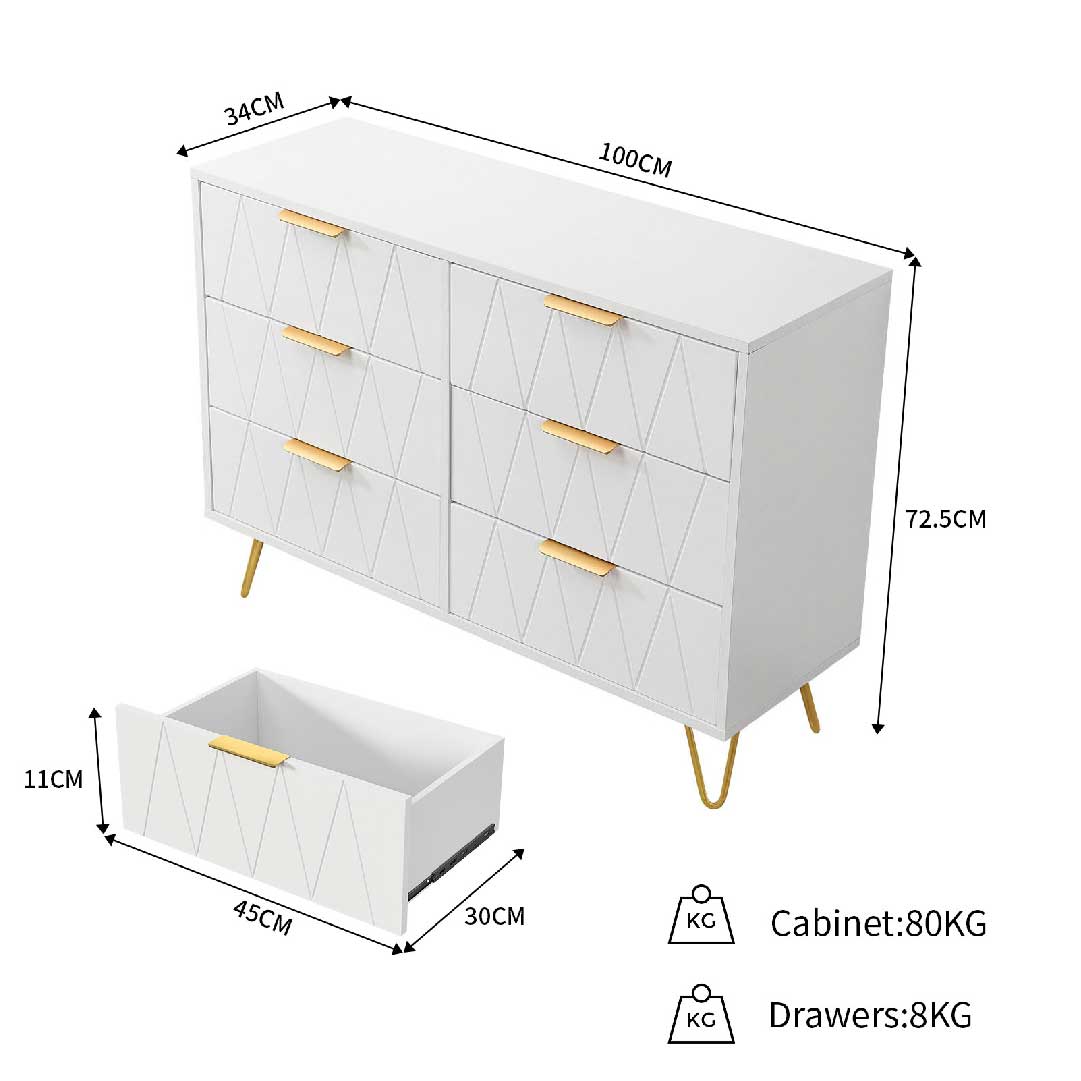 Maßübersicht der Yelenaro Kommode Weiß mit 6 Schubladen, 100 × 34 × 72,5 cm, belastbarer Stauraumschrank