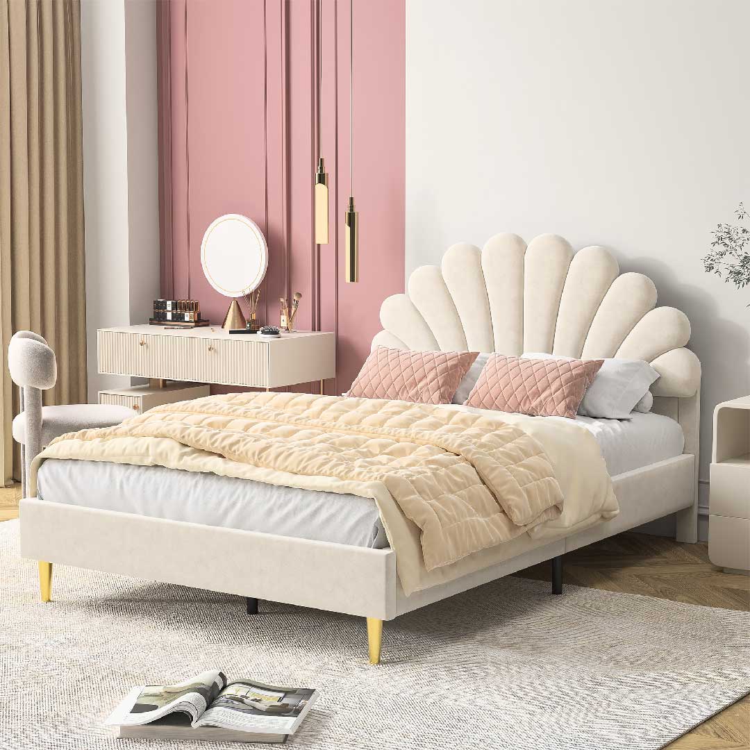 Yelenaro Blumenform Bett 140x200 cm – romantisches Samtbett mit gepolstertem Kopfteil, perfekt für Teenager oder Gästezimmer.