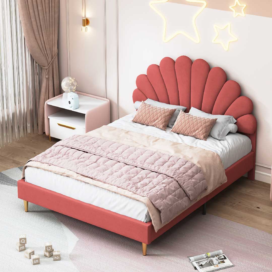 Yelenaro Blumenform Polsterbett 140x200cm – Samt Jugendbett für Mädchen