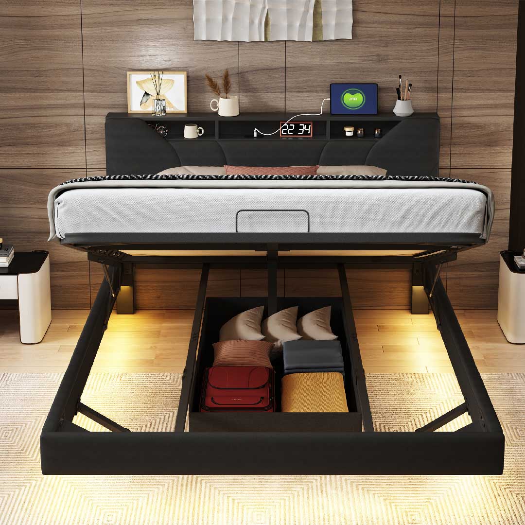 Schwarzes LED-Polsterbett mit Stauraum und USB-Anschluss von Yelenaro im modernen Schlafzimmer