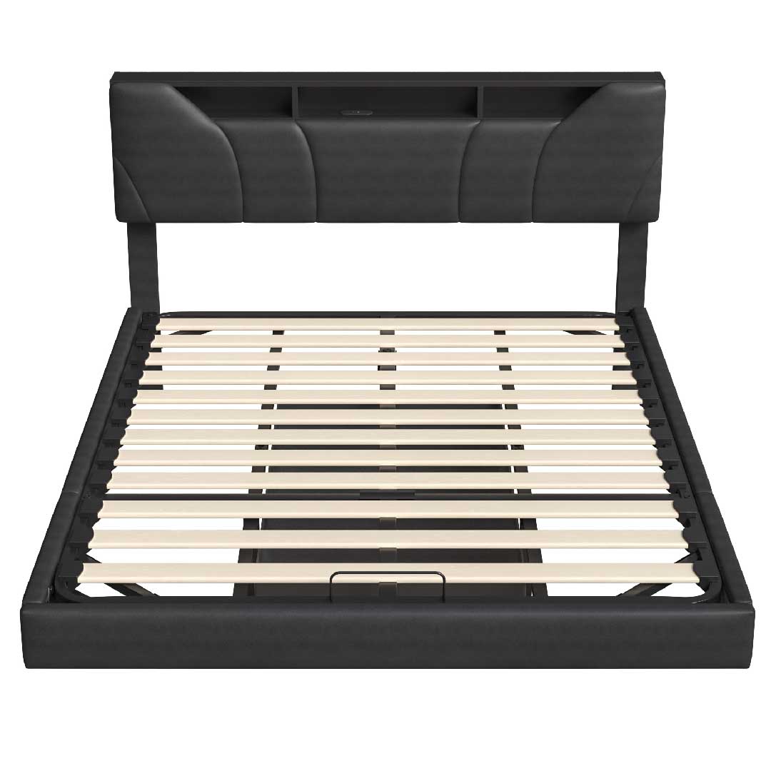 Yelenaro schwarzes PU-Polsterbett mit gepolstertem Kopfteil, Lattenrost und LED-Design