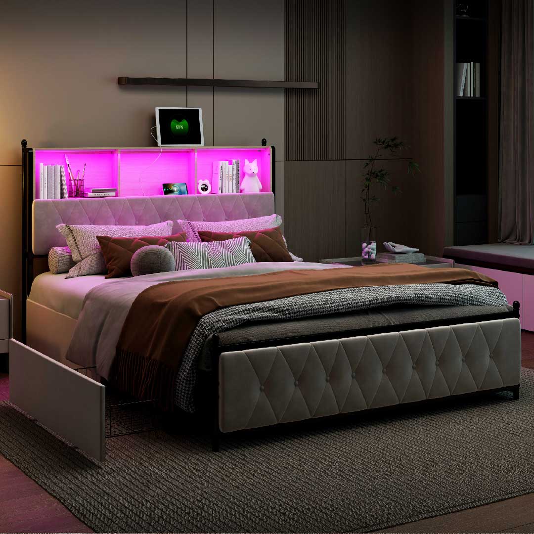YELENARO Polsterbett mit LED-Beleuchtung bei Nacht – modernes Doppelbett mit Stauraum und Schubladen