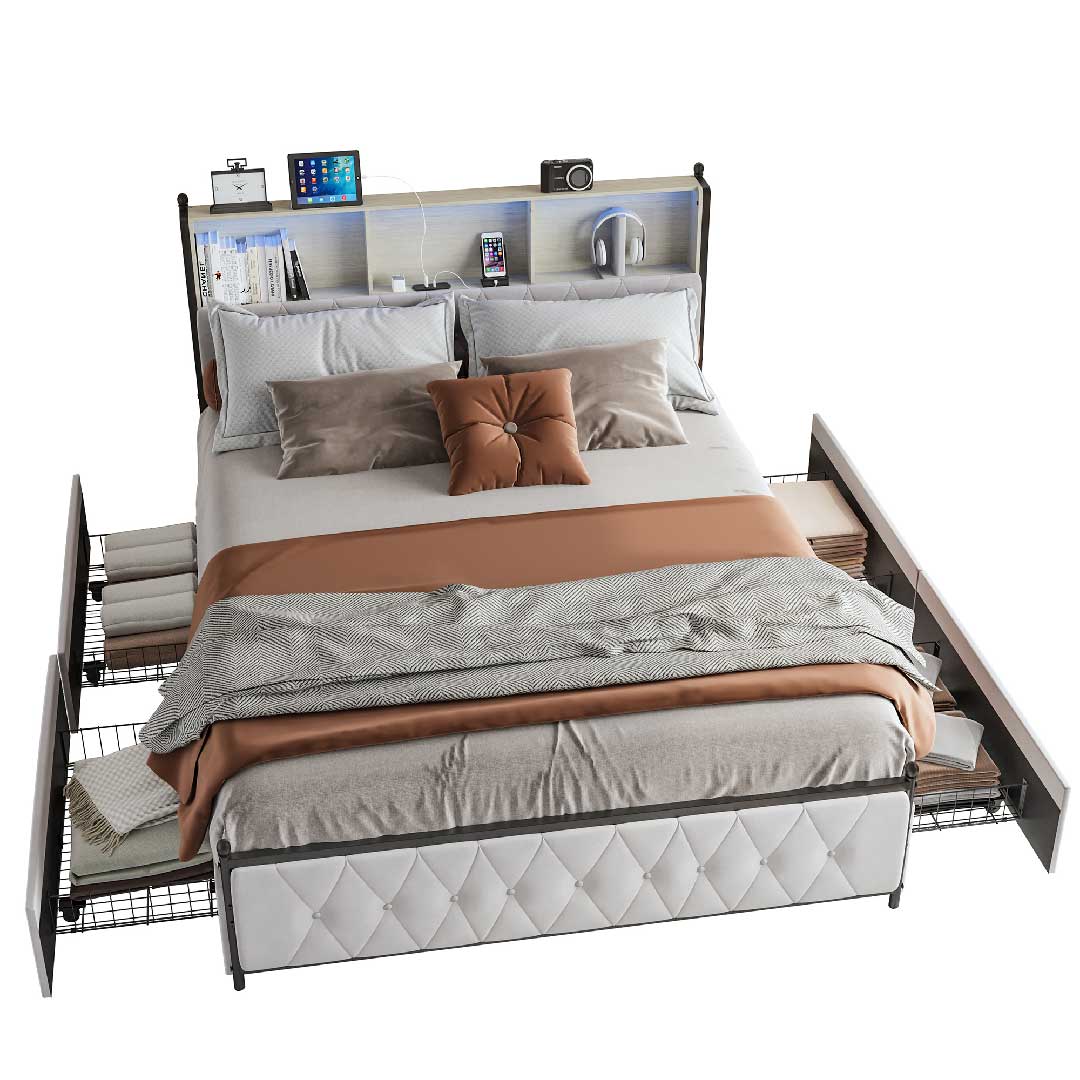 Polsterbett mit stabilem Metallrahmen, Lattenrost und integriertem Stauraum – funktionales Bett für Schlafzimmer