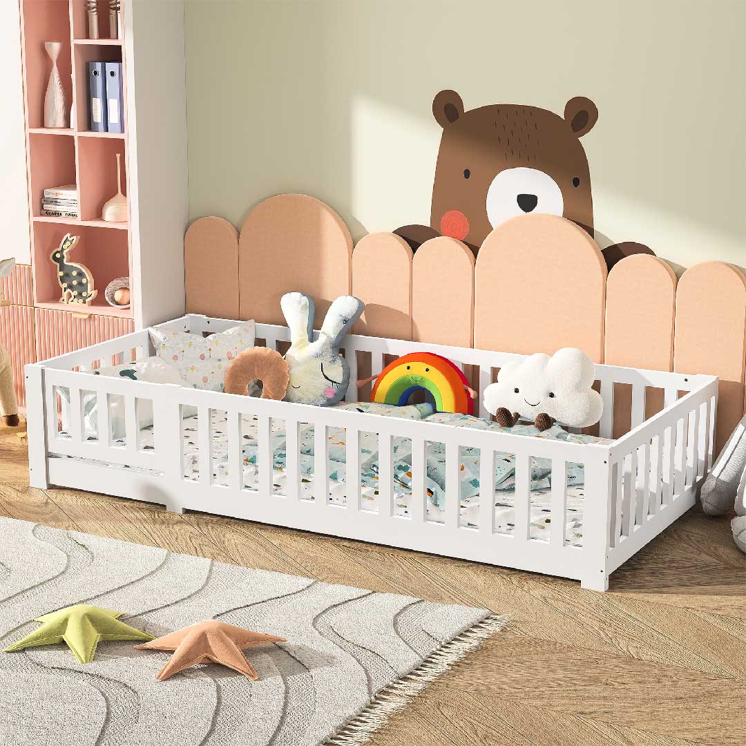 Yelenaro Montessori Kinderbett 90x200 mit Rausfallschutz Weiß