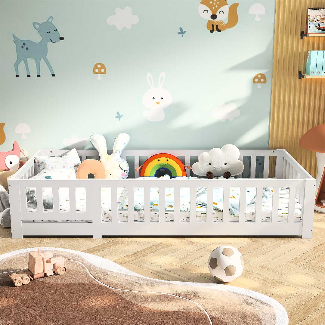 Yelenaro Montessori Kinderbett 90x200 mit Rausfallschutz Weiß
