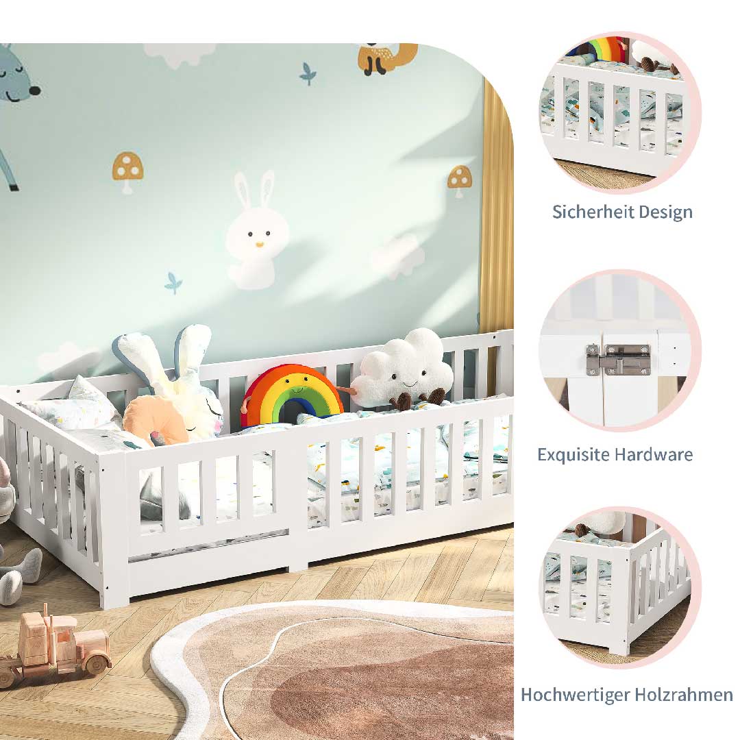 Yelenaro Montessori Kinderbett 90x200 mit Rausfallschutz Weiß